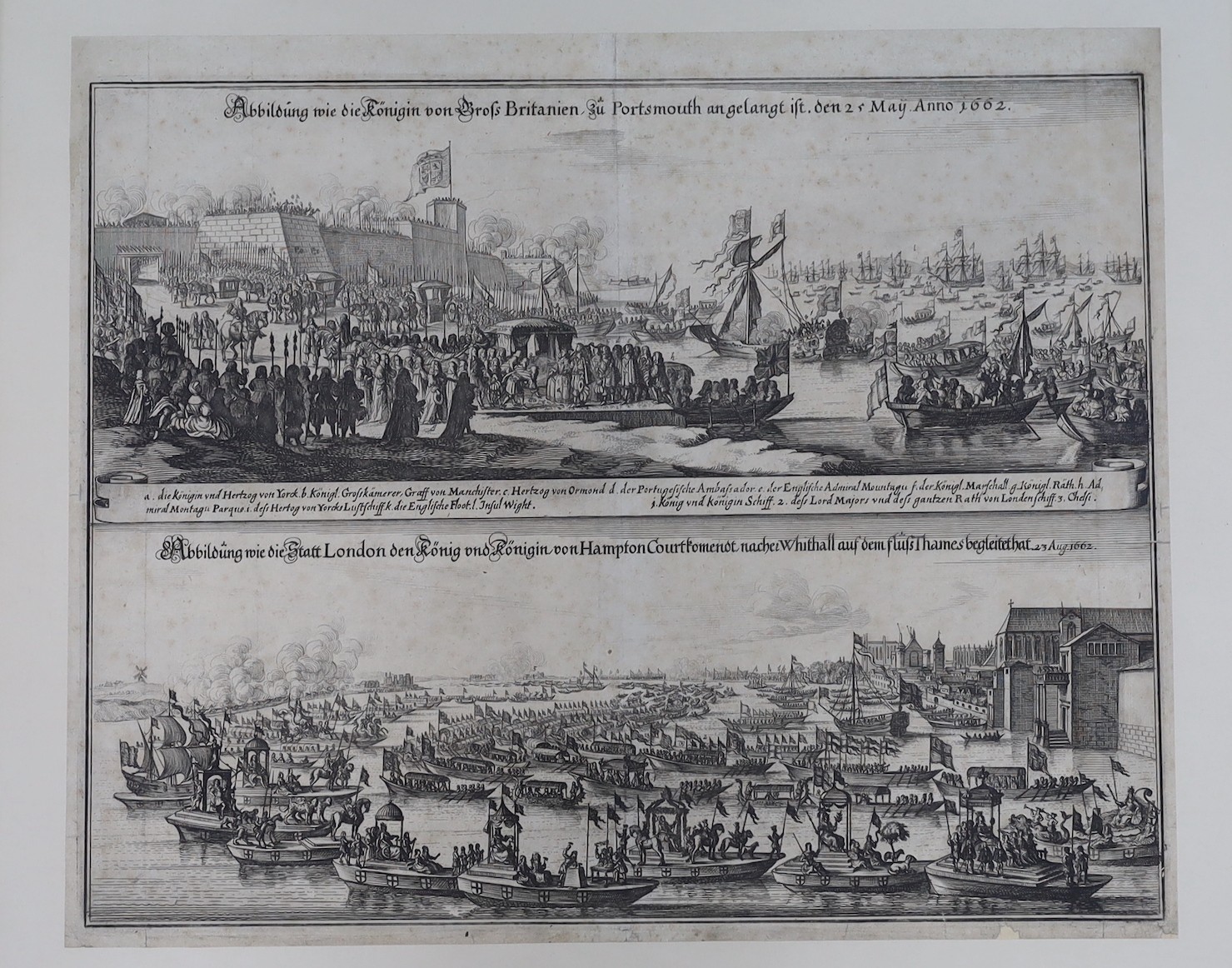 German School, 19th century, two steel engravings, relating the passage of Queen Catherina of Great Britain, 34 x 40cm